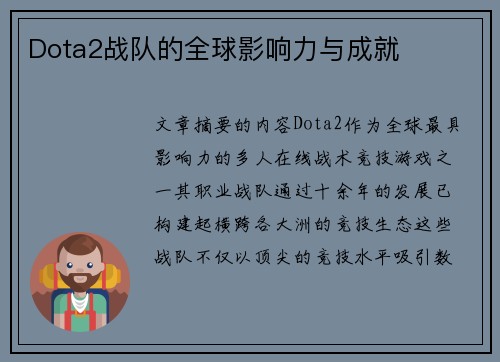 Dota2战队的全球影响力与成就