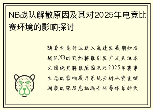 NB战队解散原因及其对2025年电竞比赛环境的影响探讨