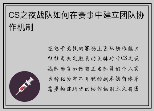 CS之夜战队如何在赛事中建立团队协作机制